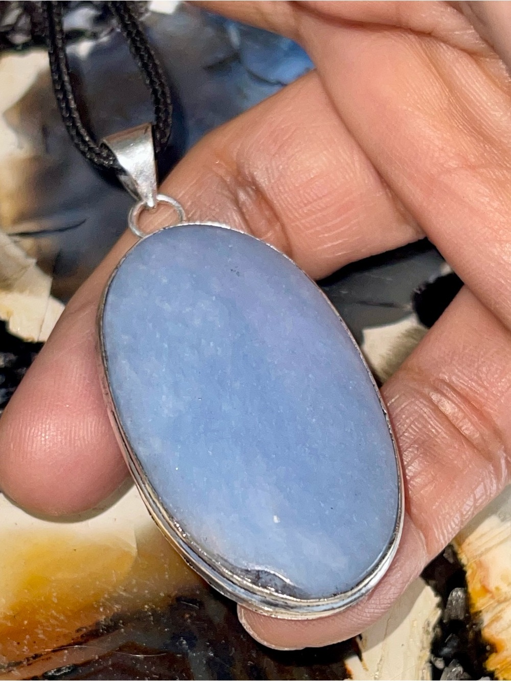Round Blue Anhydrite Angelite Pendant 2 1/2”